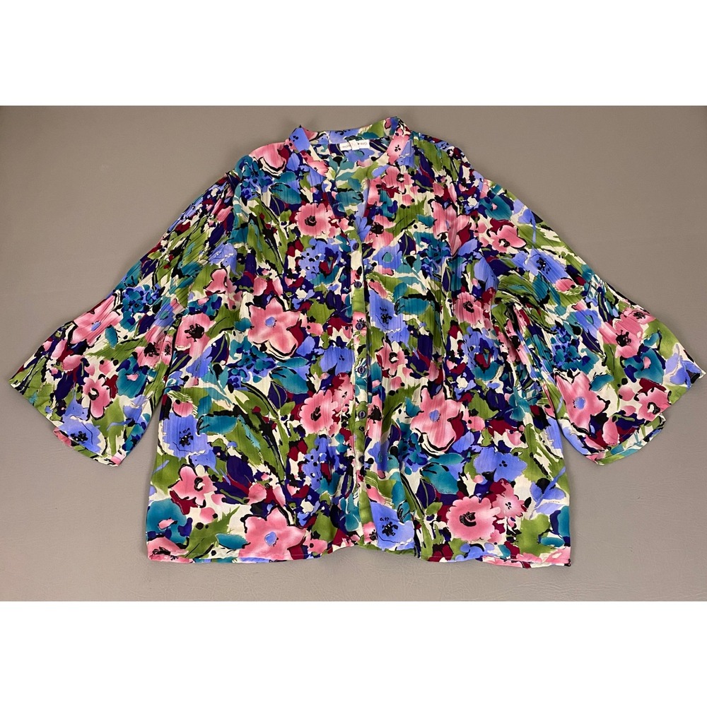 Fashion Bug Blouse Top 2X Floral Pleated‎ Button Up 3/4 Sleeve Metallic Accents